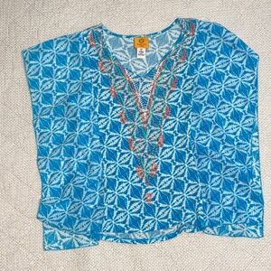 Blue Patterned V-Neck Tunic with Multicolor Embroidery